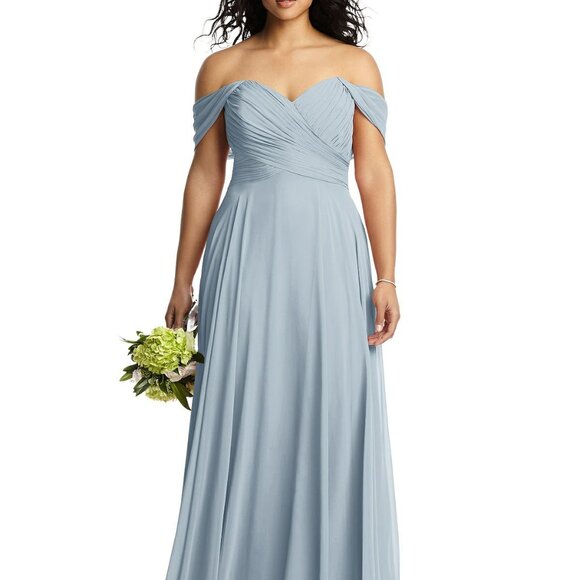 Dessy 2970....Off-the-Shoulder Draped Chiffon Maxi Dress....Mist...Size 0 - Picture 1 of 6